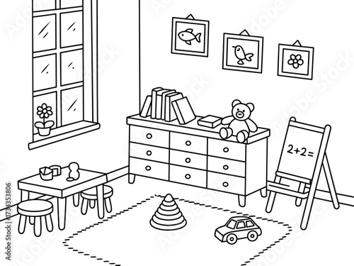 Children's playroom with toys, books, and a drawing easel teddy bear