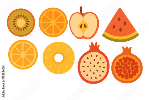 Assortment of fresh sliced fruits including kiwi, orange, apple, watermelon, pineapple, and pomegranate halves