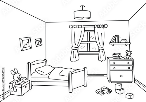 Child's bedroom with a bed, dresser, toys, and a window vector illustration