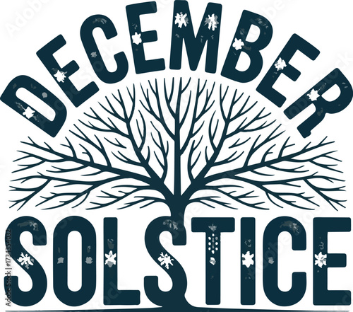 December Solstice T-shirt design, Happy Winter Solstice Greeting card design template in dark blue with hand drawn branches and florals