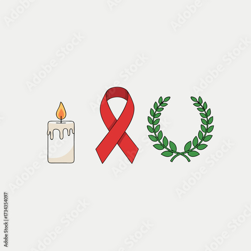 Remembrance Day Icon Set Candle, Ribbon, and Wreath - A Symbolic Collection