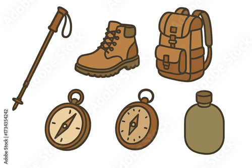 Essential outdoor adventure hiking and camping equipment including backpack, boots, compass, and trekking pole