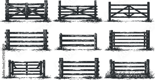 A collection of various wooden fences and gates suitable for rustic and rural settings..