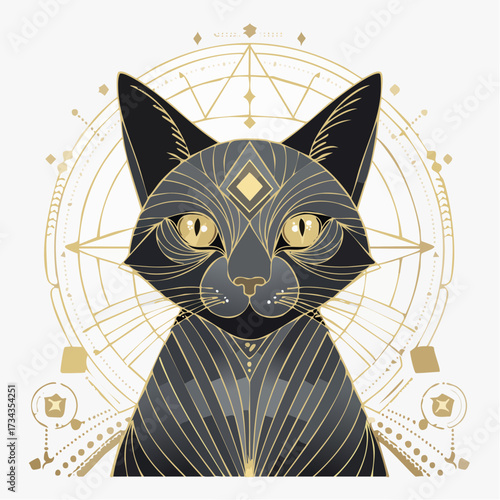 Elegant vector illustration of a majestic black cat head integrated with intricate golden geometric and astrological symbols