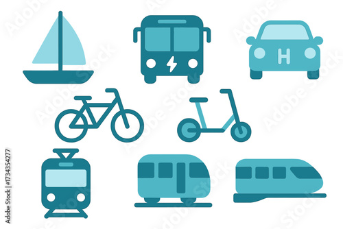 Collection of diverse eco-friendly and public transportation modes including electric bus, hydrogen car, bicycle, scooter, train, tram, and sailboat