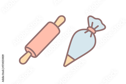 Essential kitchen baking tools including a classic wooden rolling pin, a pastry piping bag, and other confectionery equipment for preparing delicious desserts and sweet treats