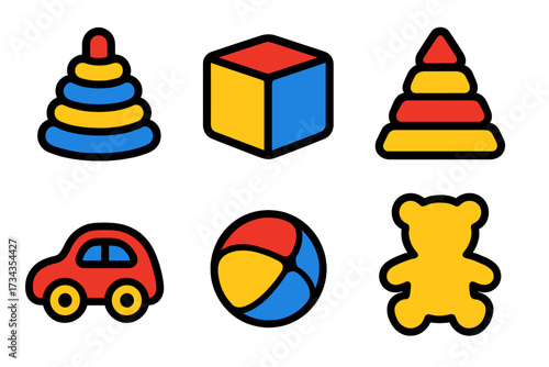 Colorful collection of classic children's toys including a stacking pyramid, building block, toy car, ball, and teddy bear