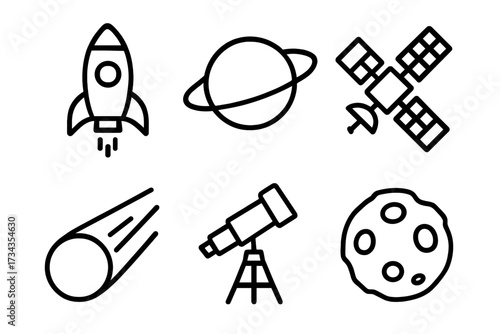 Set of cosmic exploration and astronomical observation elements including planets, rockets, satellites, and celestial bodies