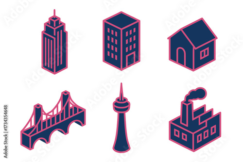 Isometric city buildings and urban infrastructure featuring modern architecture and structural elements