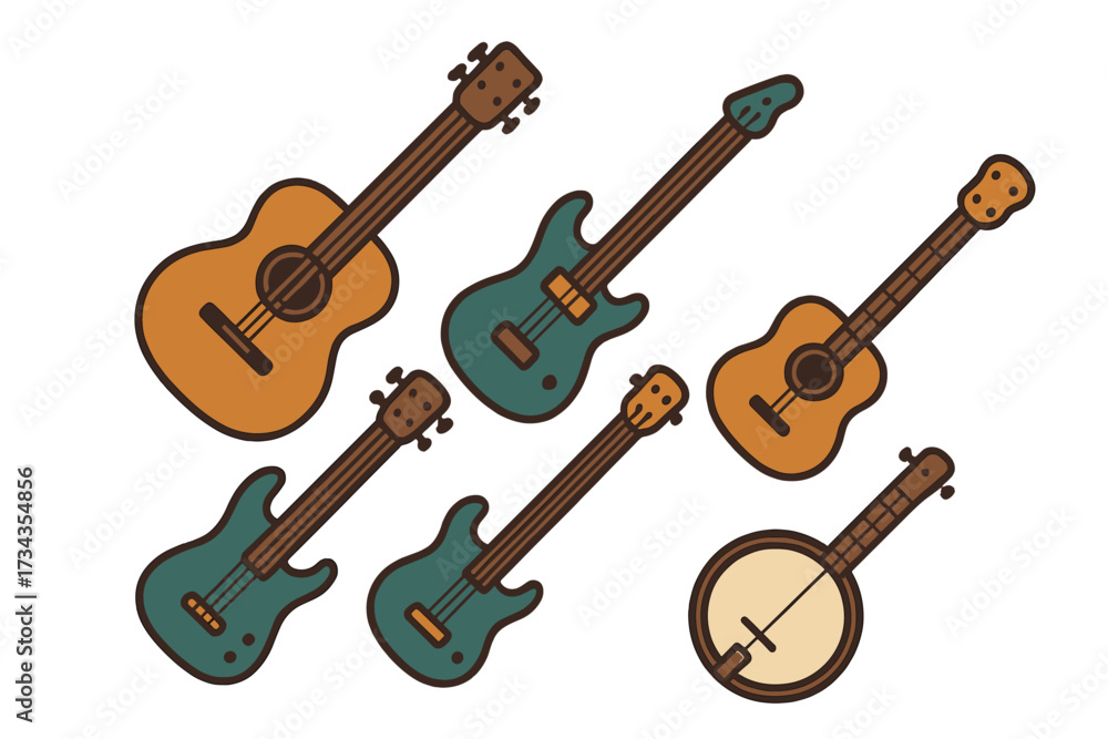 Fototapeta premium Diverse collection of string musical instruments featuring acoustic guitars, electric guitars, and a banjo