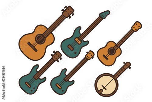 Diverse collection of string musical instruments featuring acoustic guitars, electric guitars, and a banjo