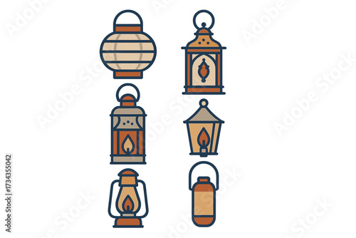 Collection of various traditional and modern lanterns, featuring different shapes, styles, and glowing light sources for ambiance