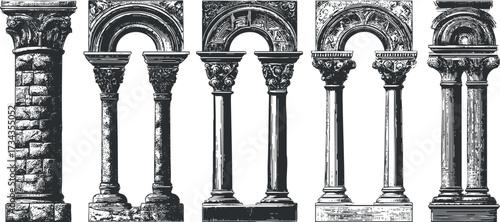 A collection of various architectural columns showcasing intricate designs and historical styles..