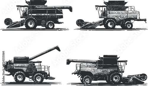 Four sketches of combine harvesters showcasing different angles and designs for agricultural use..