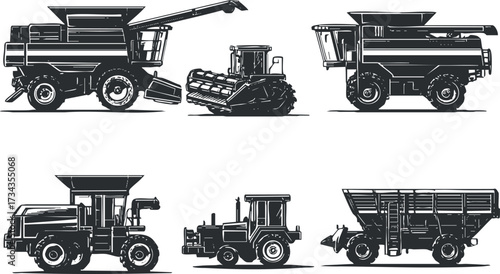 Illustration of various agricultural vehicles including harvesters, tractors, and trailers in silhouette..