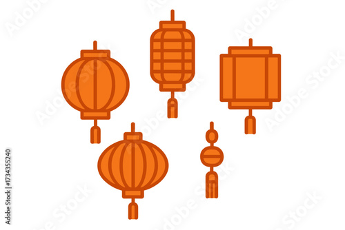 Collection of traditional orange Chinese lanterns in various shapes with decorative tassels for cultural celebrations
