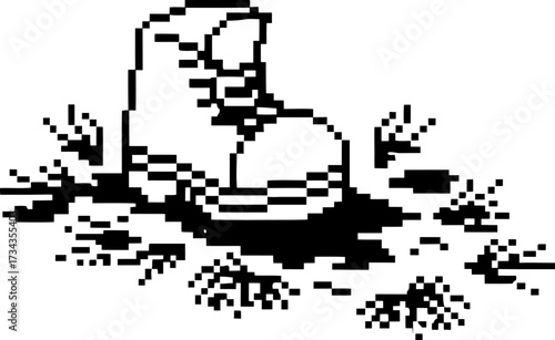 Pixel art boot stepping in mud with clear boot print and scattered bird tracks, retro minimal black and white design