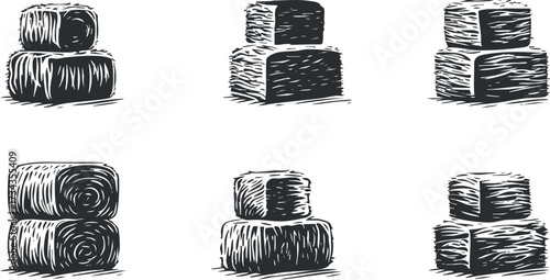 A collection of hand-drawn sketches depicting various types of hay and straw bales..