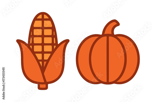 Autumn harvest symbols featuring a ripe ear of corn and a classic orange pumpkin for seasonal designs