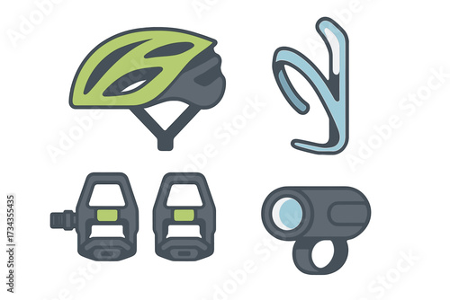 Collection of essential cycling gear including a protective helmet, bicycle pedals, water bottle cage, and front light