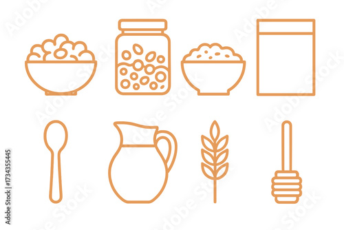 Healthy breakfast food items and ingredients set including cereal bowls, milk pitcher, honey dipper, and grains in outline style