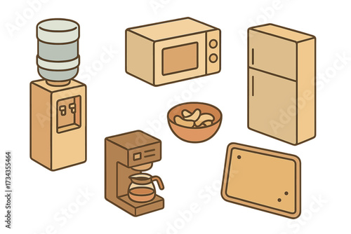 Isometric collection of modern kitchen appliances and household items like water cooler, microwave, and coffee maker