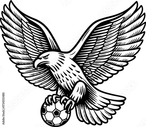 Eagle with spread wings clutching classic soccer ball, hand drawn black and white sports mascot illustration, bold graphic symbol