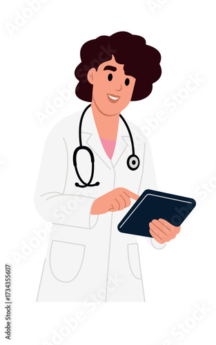 Female doctor using digital tablet in hospital. Doctor with good news, health results, advice and report. Modern healthcare and technology.