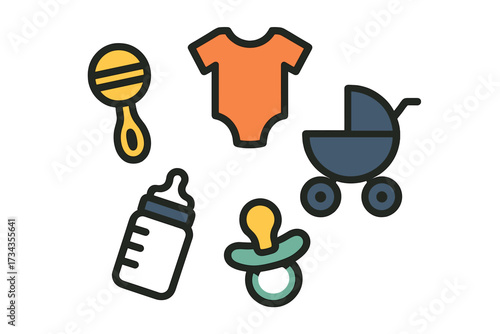 Newborn baby essentials collection including rattle, romper, stroller, feeding bottle, and pacifier