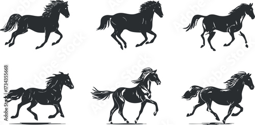A collection of running horse silhouettes depicting dynamic movement and grace in equine motion..