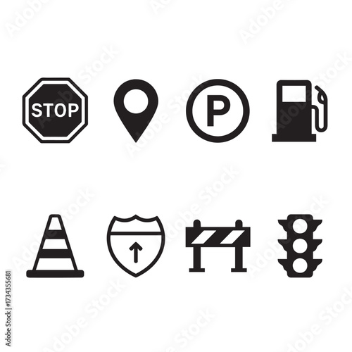 Traffic and Road Sign Icons Set in Black and White