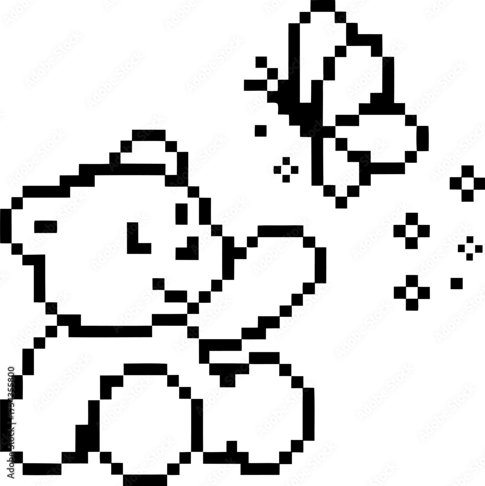Fototapeta premium Pixel bear reaching out to butterfly, playful black and white illustration, cute minimal line art for kids