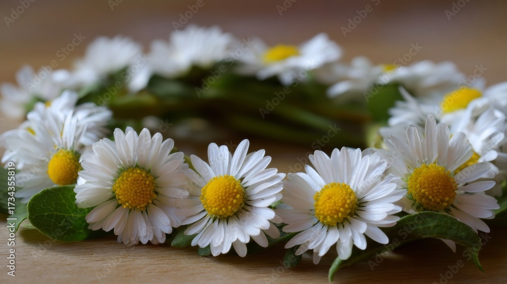 Obraz premium A white floral mandala with vibrant yellow centers and green leaves arranged on a rustic wooden surface,