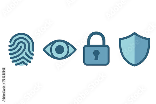 Digital security and privacy concepts with biometric fingerprint, watchful eye, secure padlock, and protective shield