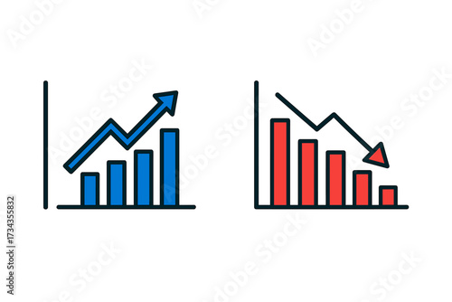 Business growth and decline charts with upward and downward trend arrows showing financial data analysis