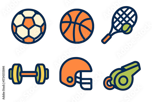 Collection of diverse sports and fitness equipment icons including balls, racket, dumbbell, helmet, and whistle for various athletic activities