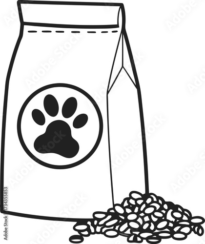 Pet food bag with paw print symbol and scattered dry kibbles animal nutrition, feeding, isolated illustration