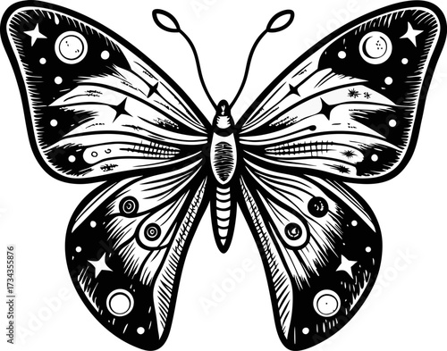 celestial butterfly illustration with starry wings, moon, and planets in black and white mystical cosmic insect tattoo design