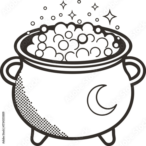 Magical bubbling cauldron with sparkling potion black and white illustration of witchcraft, alchemy, and fantasy brew