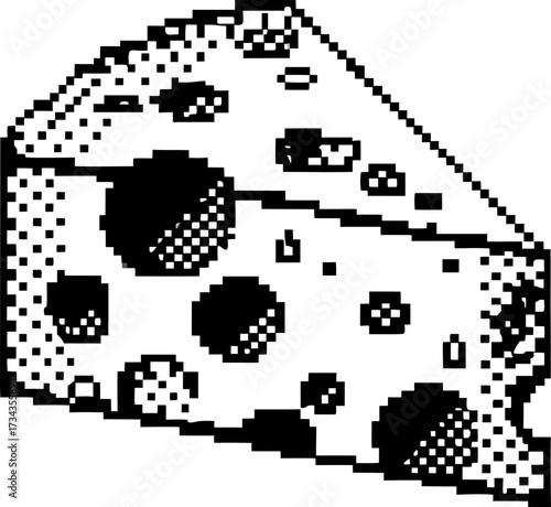 pixelated cheese wedge with holes, retro digital illustration in black and white, 8 bit nostalgic food art icon
