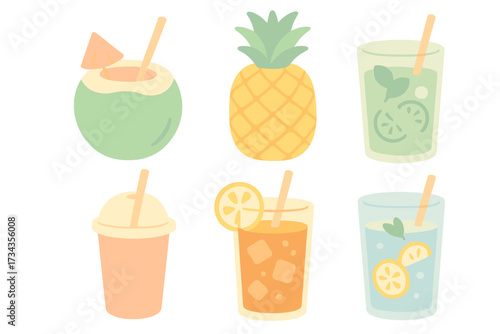 Vibrant collection of refreshing summer beverages and tropical fruit including pineapple, coconut, and various cocktails