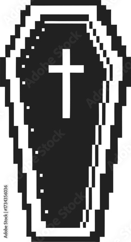 Pixel art coffin with white cross, black outline, minimal retro grave symbol, funeral death icon for digital design