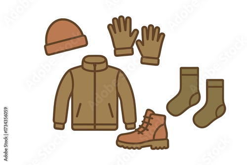 Collection of winter clothing accessories for cold weather protection including beanie, gloves, jacket, socks, and boot