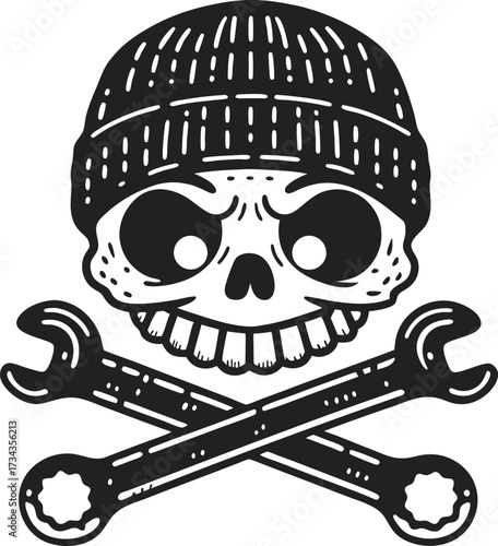 Grinning skull in knitted beanie with crossed wrenches mechanic workshop emblem, vintage retro illustration, monochrome graphic design