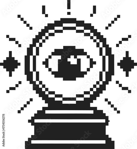 Mystical pixel crystal ball with eye icon vintage black and white digital occult symbol, fortune telling magic illustration
