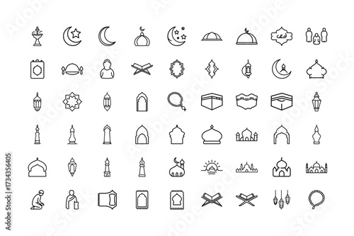 Line Art Collection of Islamic Icon Set Vector - Mosque, Prayer, Ramadan, Quran, Kaaba, and Muslim Symbol Outline Icons.