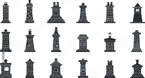 A collection of various chimney designs showcasing different architectural styles and silhouettes..