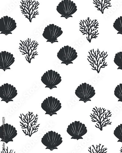 A seamless pattern featuring black coral and seashell designs on a white background..