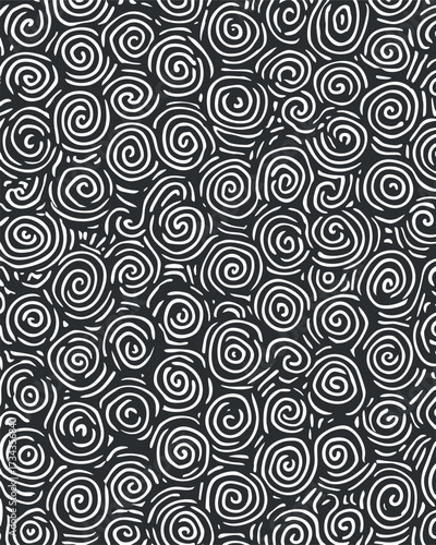 A seamless abstract pattern featuring whimsical white swirls on a black background..
