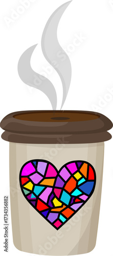 Vector Coffee Cup with Stained Glass Heart and Steam.This graphic is perfect for themes related to love, coffee, romance, warmth, Saint Valentine's Day, or daily routines